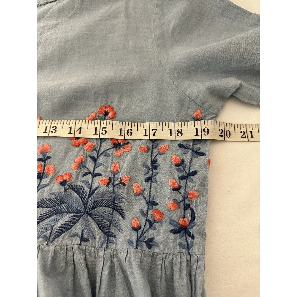 Womens M Midi Dress Blue Embroidered 100 %Cotton Boho Cottagecore Prairie Modest - Picture 7 of 9